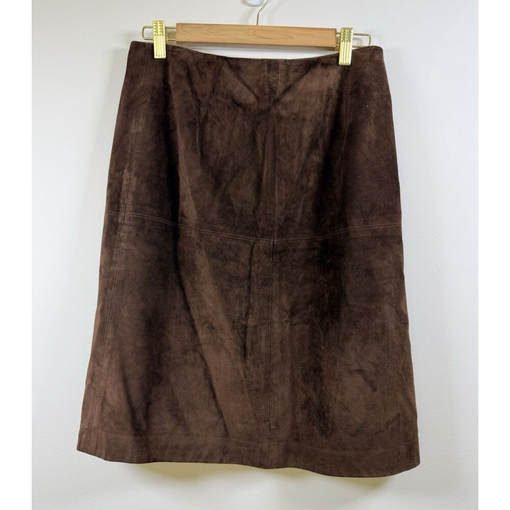 L.L.Bean Brown Suede Leather A-Line Knee Skirt with Zip Closure - Petite 6